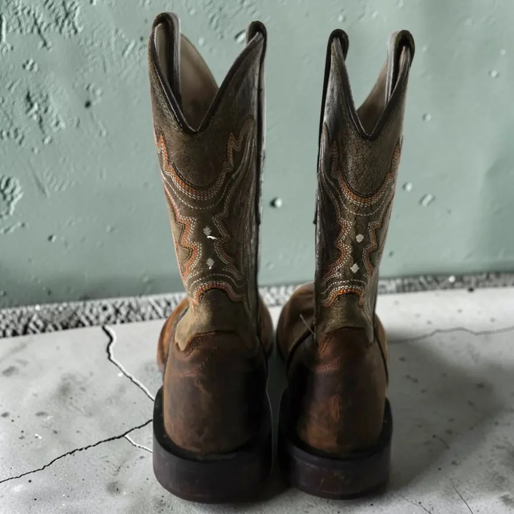 Old West Embroidered Cowboy Boots Brown Western Round Leather Fancy Stitch 3.5